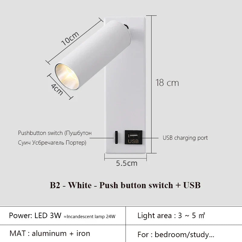 DecorBites™ Black Brass LED Wall Lamp Sconce with Switch and USB Port, 3W Spotlight