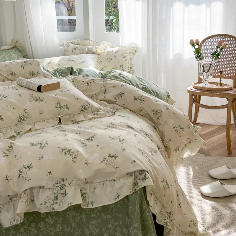 Decobites Floral Lace Ruffle Bedding Set, Fresh Flower Single Duvet Cover, 100% Cotton