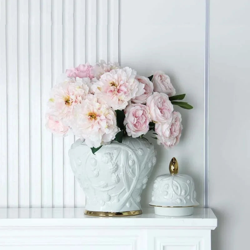 DecorBites™ Embossed Flower Ceramic Ginger Jar Vase - Home Decor Storage Tank