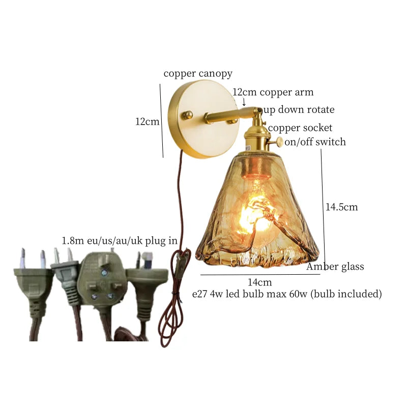 DecorBites™ مصباح حائط LED زجاجي كهرماني لغرفة النوم بإضاءة نحاسية بسيطة