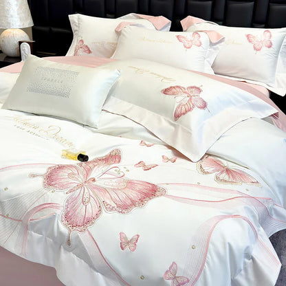 DecorBites™ Butterfly Embroidery 100% Egyptian Cotton Bedding Set with Luxury Duvet Cover