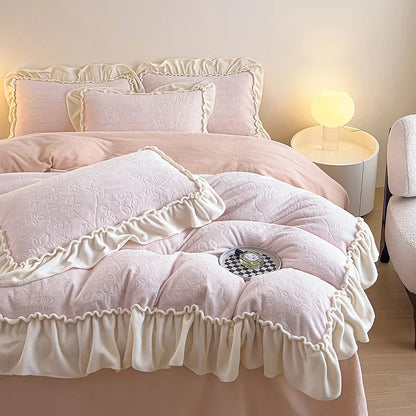 Decobites Princess Velvet Fleece Ruffles Winter Bedding Set - Plush Coral Velvet Duvet Cover & Sheet