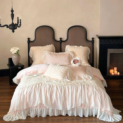 Decobites Rose Lace Bedding Set: Romantic Princess Wedding Duvet Cover Bed Sheet Pillowcases