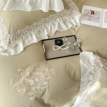 Decobites Matcha Green French Chiffon Lace Queen Bedding Set with Ruffles & Embroidery