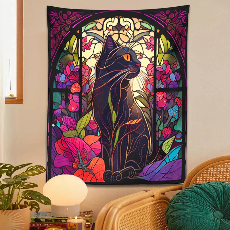 Decobites Floral Cat Tapestry Stained Glass Wall Art - Boho Cat Decor