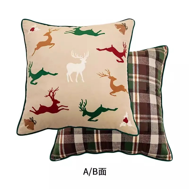 DecorBites™ Handmade Reindeer Applique Embroidery Christmas Cushion Cover - Festive Xmas Holiday Decor