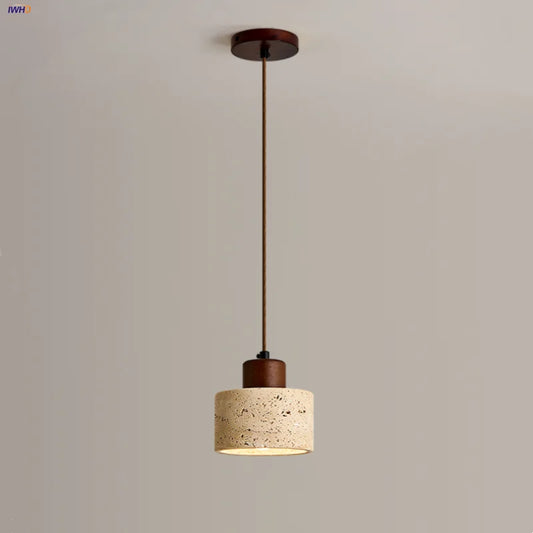 DecorBites™ LED Pendant Light: Modern Nordic Wood Canopy Yellow Travertine Luminaire