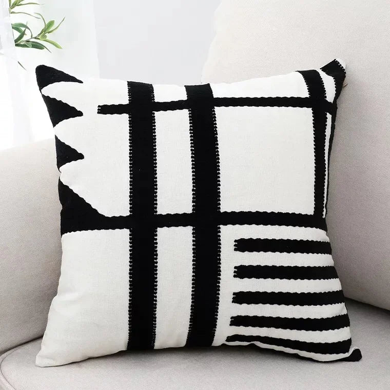 DecorBites™ Embroidered Burlap Cushion Cover | Black White Gray Pillow Cover 45x45cm