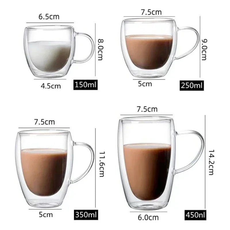 DecorBites™ Double Wall High Borosilicate Glass Mug with Handle, Heat Resistant Coffee Cup