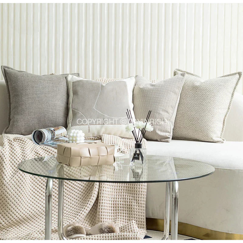 DecorBites™ Cappuccino Tone Geometry Embroidery Luxury Pillowcase 45x45cm Cream Khaki Gray