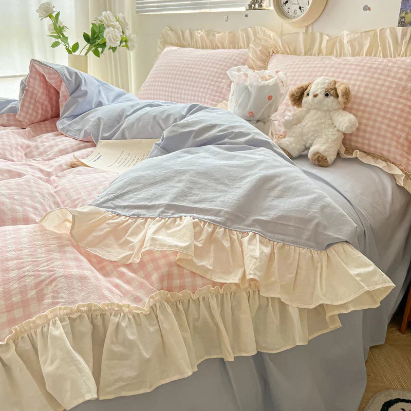 Decobites Korean Princess Style Cotton Bedding Set with Ruffles and Lace