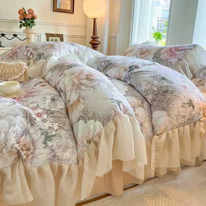 Decobites French Vintage Lace Princess Bedding Set with Floral Print Quilt Cover