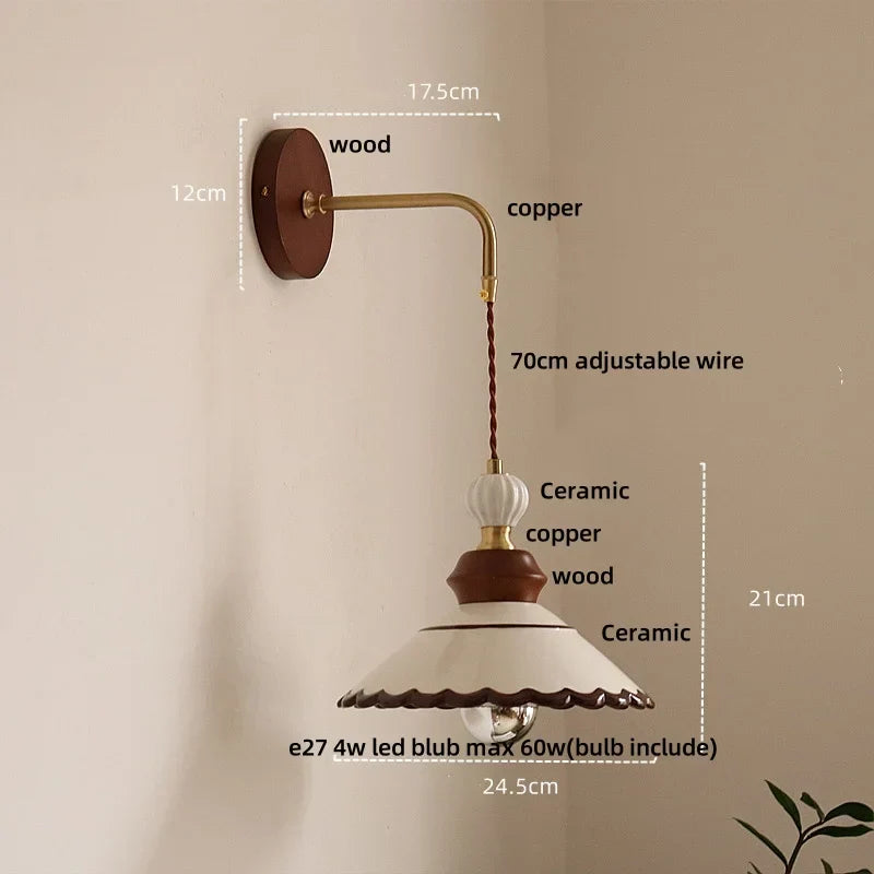 DecorBites™ Ceramic LED Wall Light Copper Pull Chain Wood Base Modern Bedside Lamp