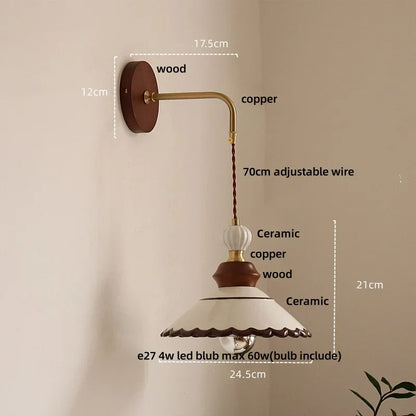DecorBites™ Ceramic LED Wall Light Copper Pull Chain Wood Base Modern Bedside Lamp
