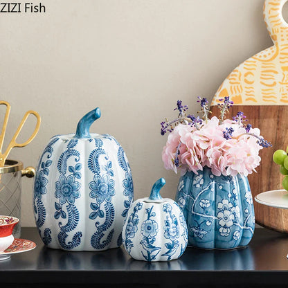 DecorBites™ Blue White Porcelain Pumpkin Vase Desk Decoration Artificial Flowers Bouquet
