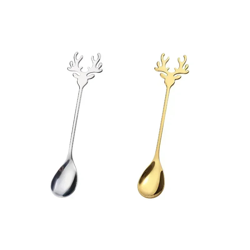 4pcs Christmas Elk Head Shape Stainless Coffee Spoon New Year 2024 Christmas Decoration Table Decor for Home Navidad 2023 Gifts