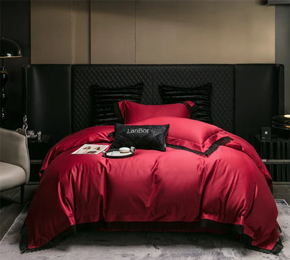 طقم مفروشات سرير DecorBites™ بحافة دانتيل فرنسية، قطن مصري 1000 خيط، مقاس كوين كينج، لحاف، ملاءة، أغطية وسائد