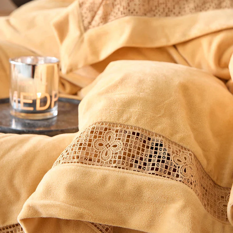 Luxury Gold Velvet Lace Duvet Bedding Set by Decobites, Cozy Furry Winter Collection