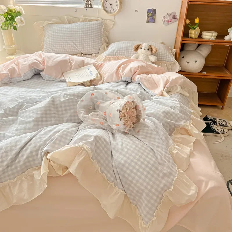 DecorBites™ Korean Grid Lace Washed Cotton Bedding Set, Cozy Comforter Cover Single Double Queen
