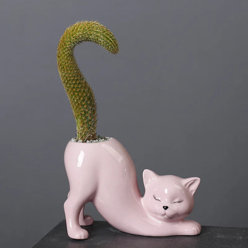 DecorBites™ Cat Tail Succulent Planting Porcelain Vase - Cute Cartoon Cat Flowerpot