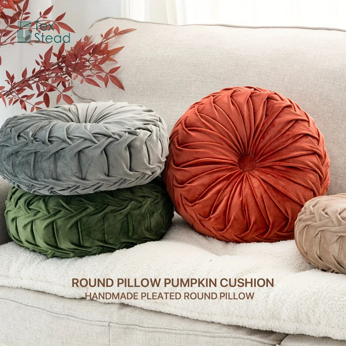 Decobites Velvet Pumpkin Round Cushion for Couch, Bed, Sofa, Chair - Decorative 3D Design