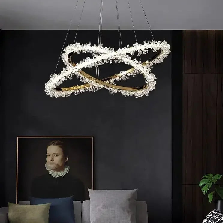 DecorBites™ Golden Round Crystal Chandelier | Nordic Luxury LED Halo Chandelier for Living Room