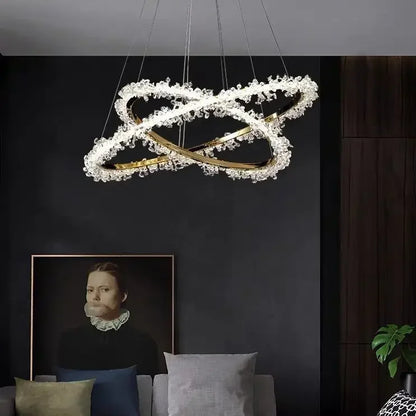 DecorBites™ Golden Round Crystal Chandelier | Nordic Luxury LED Halo Chandelier for Living Room