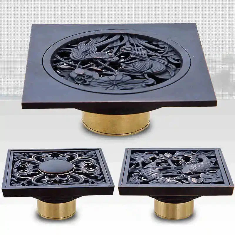 DecorBites™ Black Brass Shower Drain Strainer Floor Cover Square Art Carved Grate Basins SY-073R
