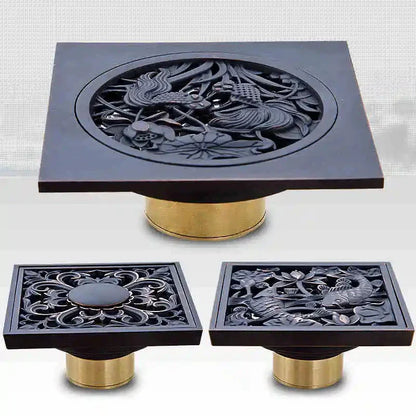 DecorBites™ Black Brass Shower Drain Strainer Floor Cover Square Art Carved Grate Basins SY-073R