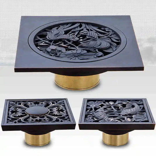 DecorBites™ Black Brass Shower Drain Strainer Floor Cover Square Art Carved Grate Basins SY-073R