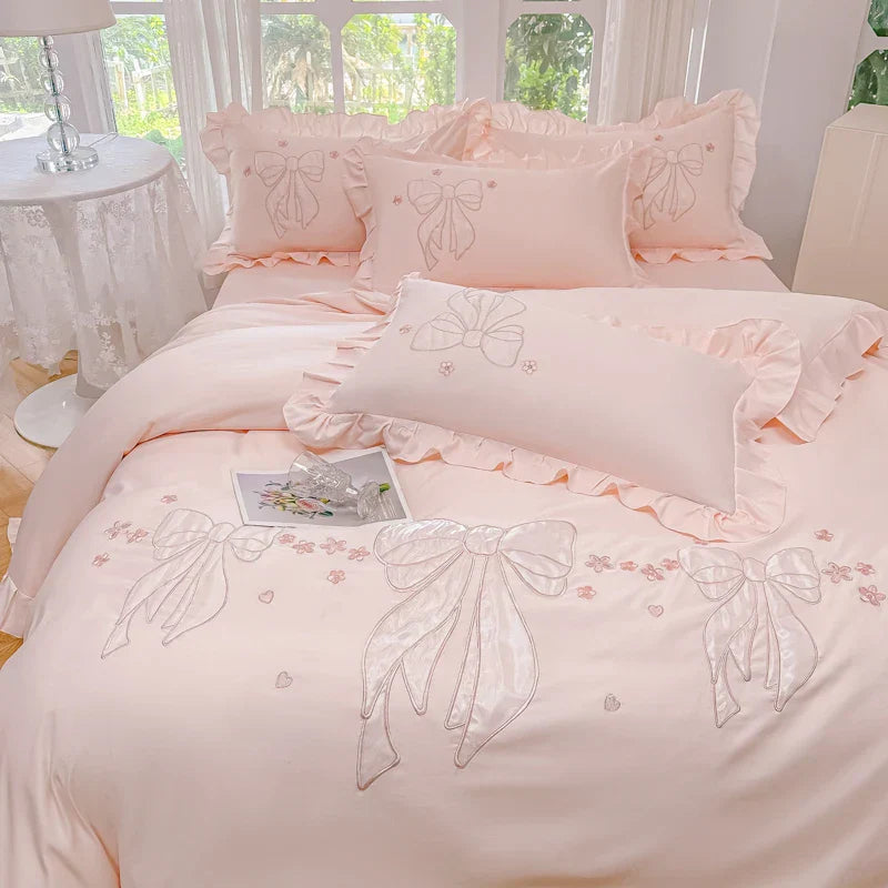 Decobites Ice Silk Embroidered Ruffles Duvet Set with Cool & Skin-Friendly Feel