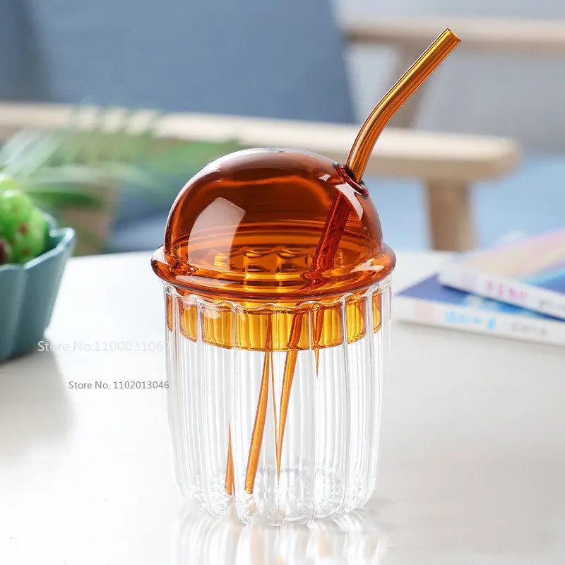 DecorBites™ 450ml Striped Glass Cup with Lid and Straw, Ideal for Coffee, Juice, Milk, or Tea