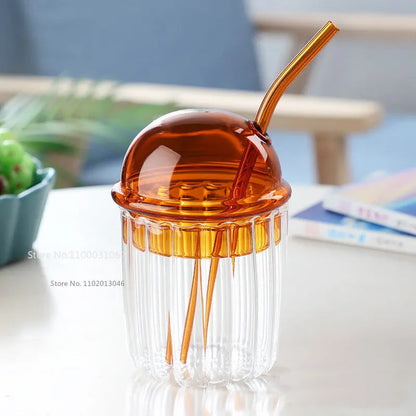 DecorBites™ 450ml Striped Glass Cup with Lid and Straw, Ideal for Coffee, Juice, Milk, or Tea