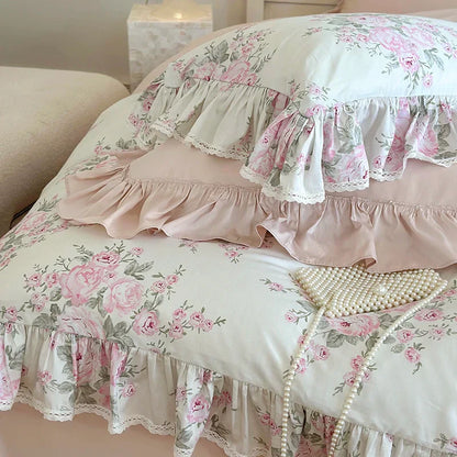 Decobites French Rose Lace Ruffles Bedding Set - 1000TC Egyptian Cotton Luxe Vintage