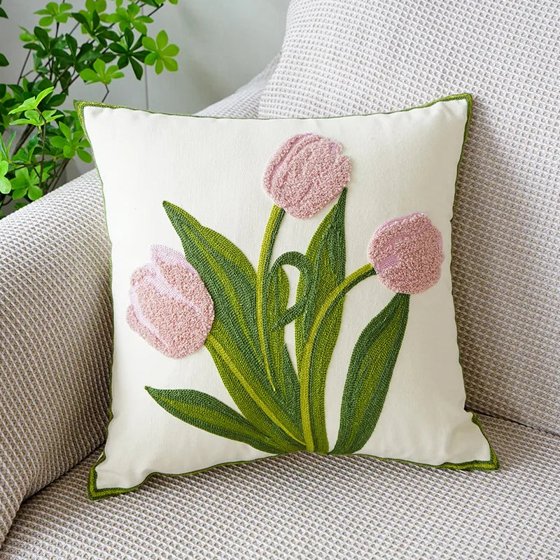 DecorBites™ Green Tulip Embroidery Pillowcase 45X45CM - Sofa Bed Office Car Chair Cover
