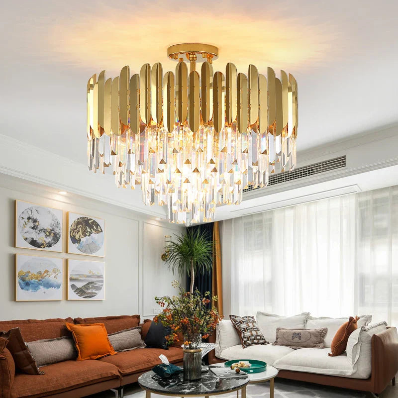 DecorBites™ Golden LED Crystal Ceiling Light for Luxury Living Room, Modern Round Crystal Lamp