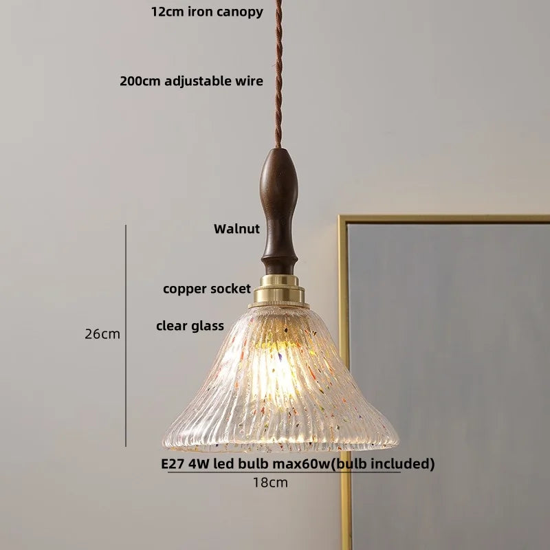 DecorBites™ LED Pendant Light: Japan Style White Glass, Copper Socket, Walnut Wood Lamp