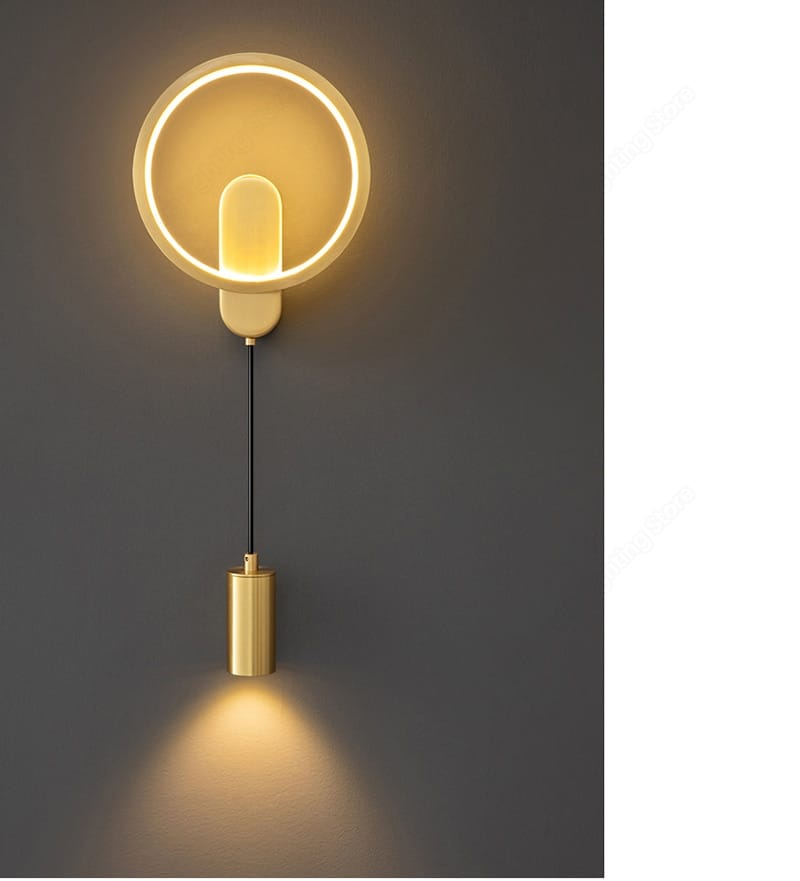 modern nordic led wall lamp featuring a black gold tonal circular wall sconce with a glowing ring and cylindrical pendant ideal for bedroom use.