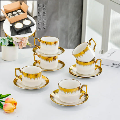 DecorBites™ Golden Ceramic Tea Cup Set, Elegant English Afternoon Tea, High Aesthetic Value