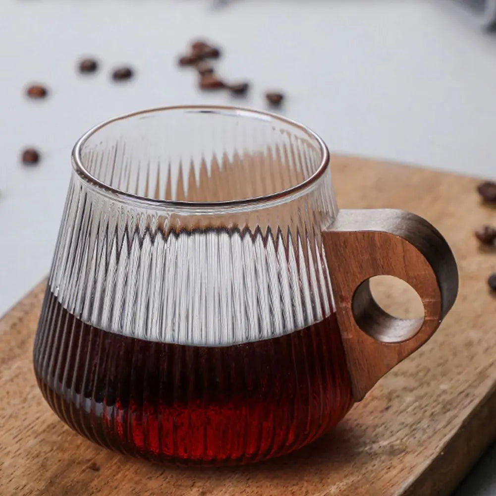 DecorBites™ Glass Coffee Mug with Wooden Handle, Japanese-Style Tea Cup, Vertical Stripes