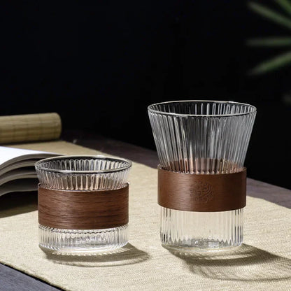 DecorBites™ Japanese Glass Tea Cup Set with Walnut Sleeve - High Quality Transparent Drinkware