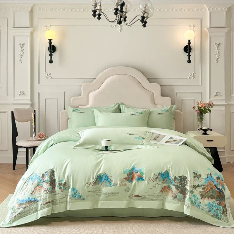 Decobites Mountain River Landscape Embroidery Bedding Set - Duvet Cover, Bed Sheet, Pillowcases