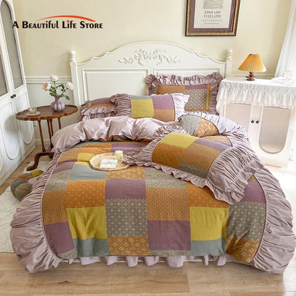 Decobites Vintage Cotton Double Layer Bedding Set with Ruffles & Pleat Details