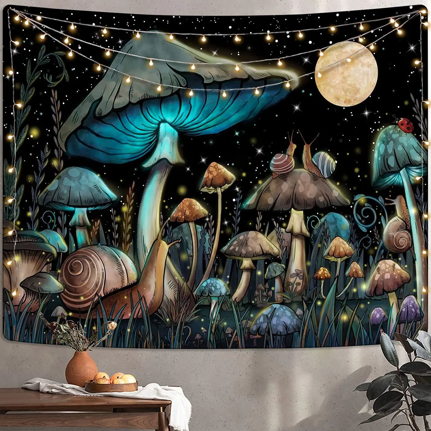 Decobites Mushroom Snail Moon Anime Tapestry Cute Dark Nature Wall Hanging