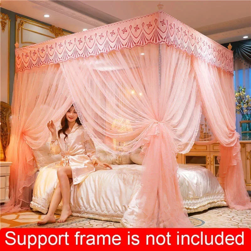 Decobites Lace Pleated Queen Bed Net Canopy with Stainless Steel Bracket