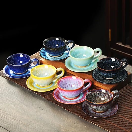 DecorBites™ Colorful Glazed Porcelain Tea Cup & Saucer Set - 150ml Perfect for Dining Table
