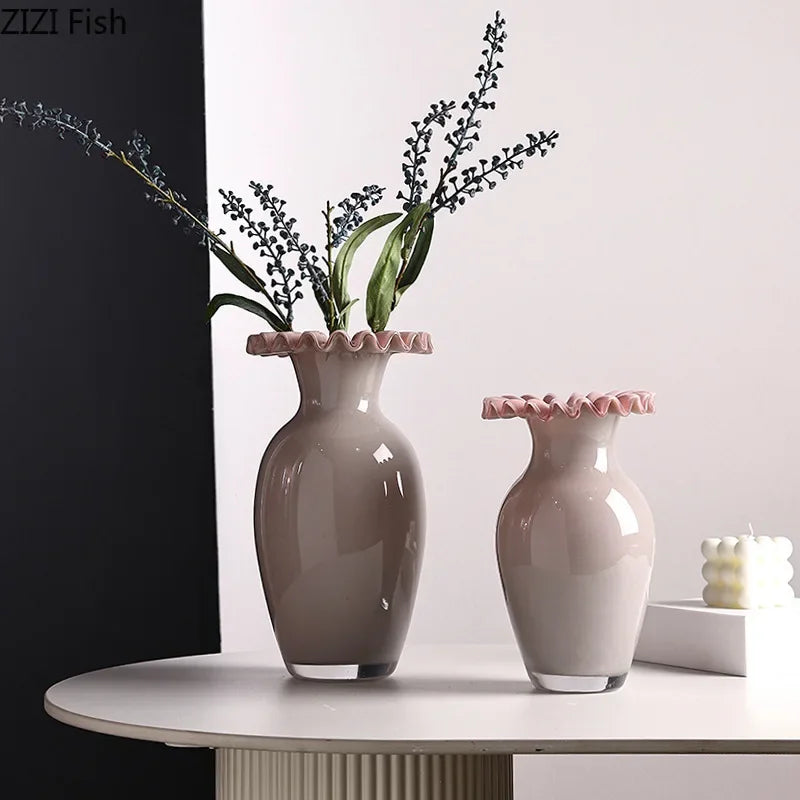 DecorBites™ Pink Flower Edge Glass Vase: Desk Hydroponics Plant Pot for Floral Arrangement