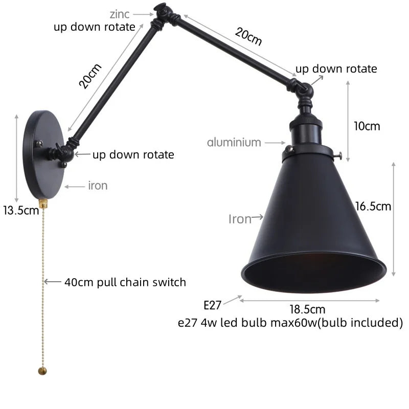 Lámpara de pared de brazo largo LED Decorbites™ con interruptor de cadena de tiro para hogar, hotel y baño