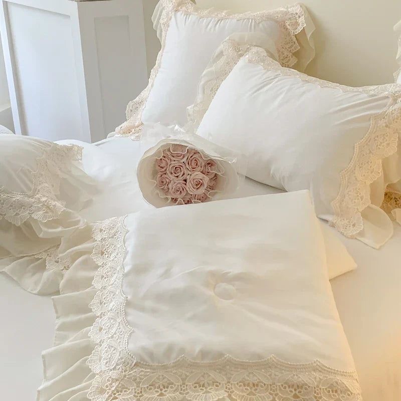 Decobites French Wedding Lace Ruffles Bedding Set