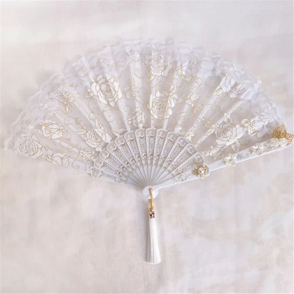 DecorBites™ Elegant Gemstone Handle Lace Fan for Dark Gothic Court Party